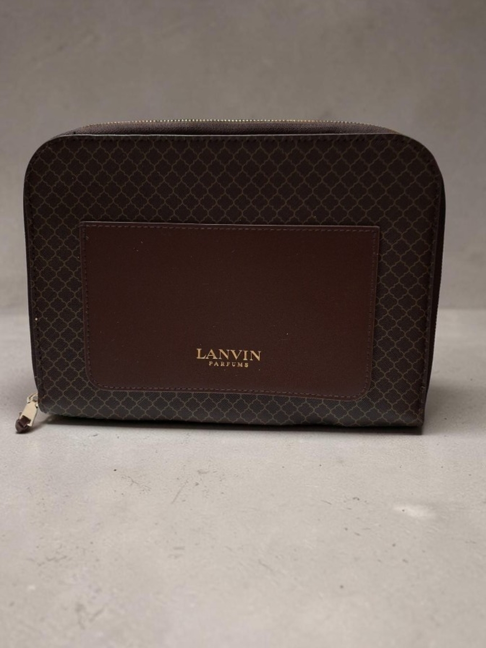 Lanvin Brown Patterned Men's Toiletry Case with Gold Logo New